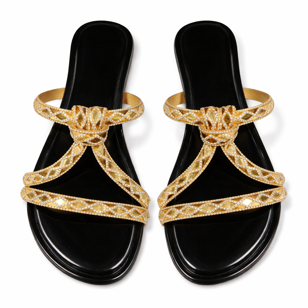 Gold Crystal Strap Flat Sandals for Women